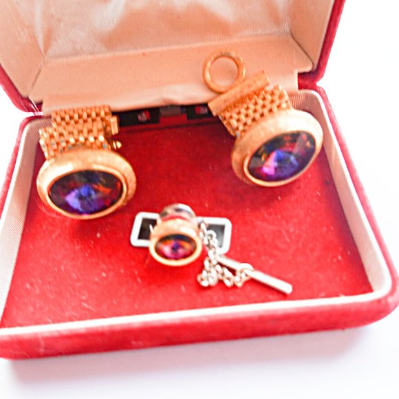 Purple Rivoli Crystal Cufflinks Tie Tack by Dante - Picture 1 of 3